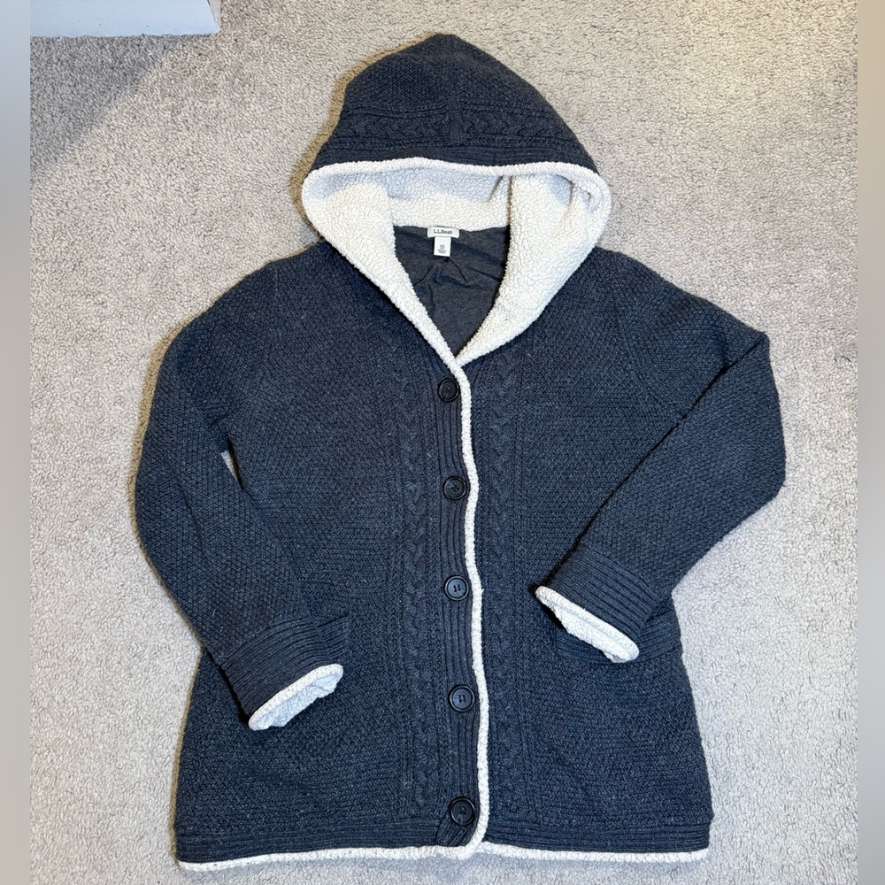 L.L. Bean Women’s Sherpa Trimmed‎ Hooded Cardigan Button-Up Jacket Sz Petite XS